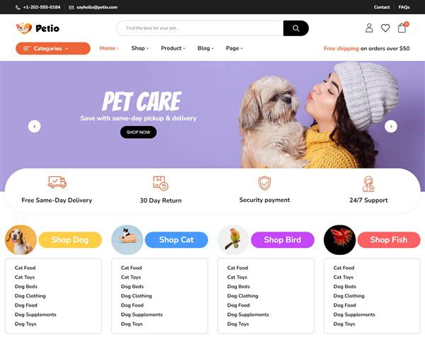 Hình đại diên Mẫu website đồ dùng cho thú cưng Petio là mẫu web phù hợp và đẹp mắt cho trang web bán sản phẩm thức ăn, đồ dùng đồ chơi cho thú cưng